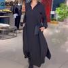Women's Fashion Autumn Winter Solid Color Print Long Sleeve V-Neck Casual Dresses