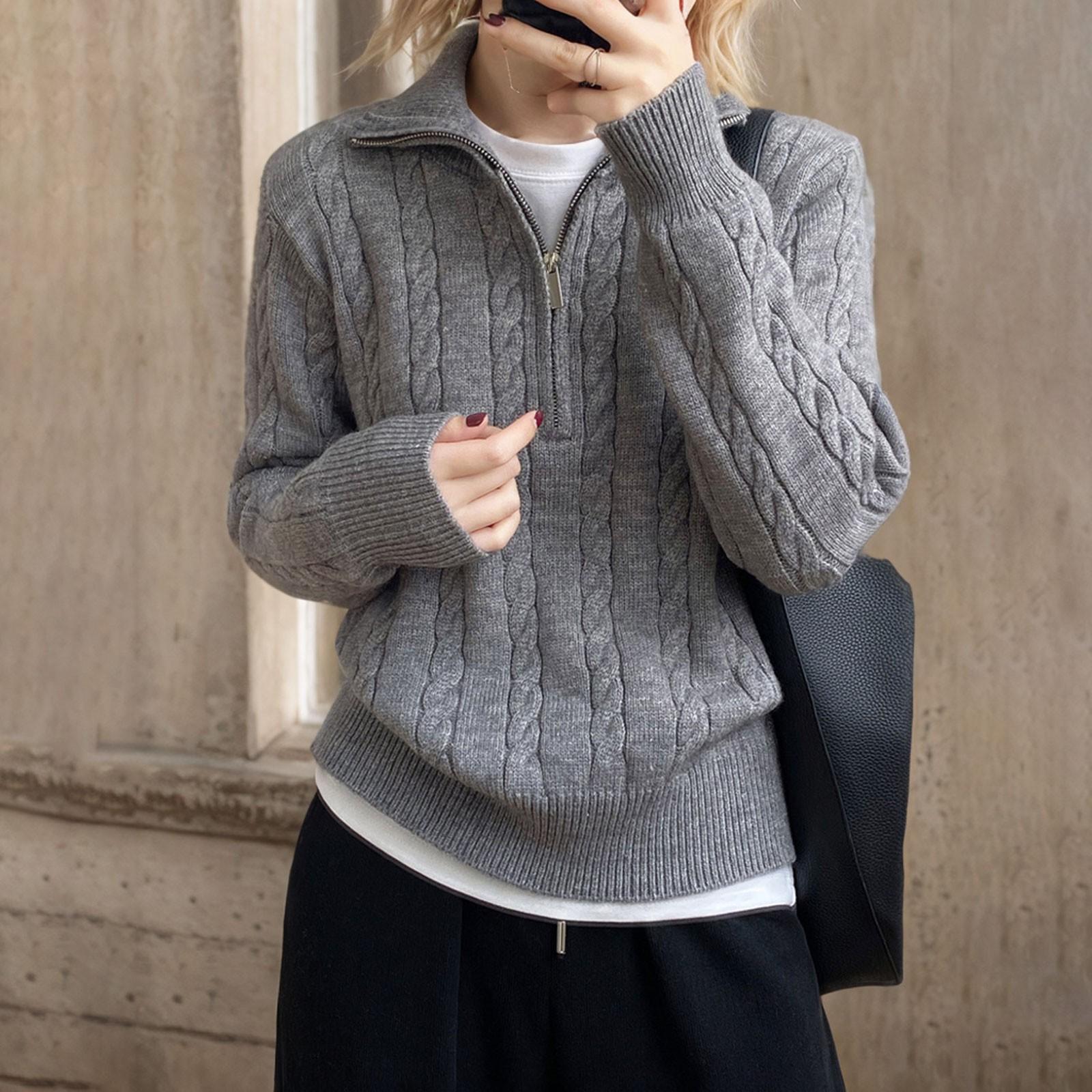 

Дизайн лацкана Молния Вязаный свитер Женские топы Осень и зима Новые Длинные рукава One Size