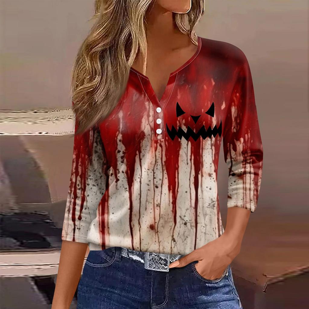 Women's Fashion Casual Three-quarter Sleeve Halloween Letters Print Top