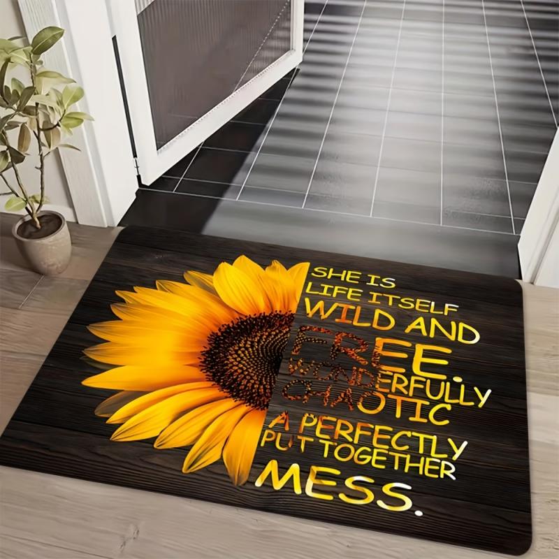 Vintage Zonnebloem Deurmat Zij Is Leven Zelf Inspirerende Quote Welkomstmat Retro Houtnerf Entree Decor Vloerkleed 30x50cm