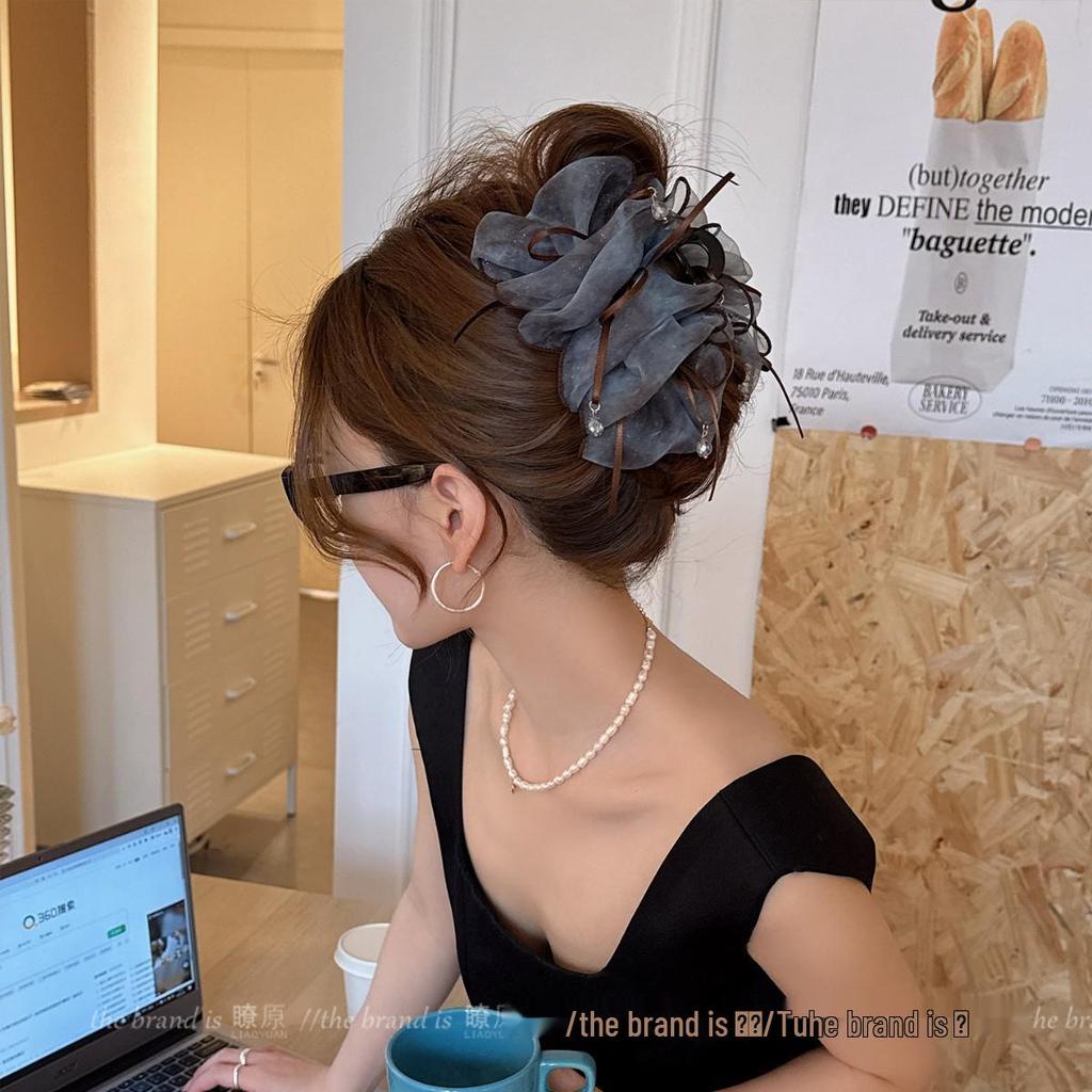 Fluffy Bubble Gauze Large Claw Clip for Women - Thin, High-End Style Shark Hair Bun Clip