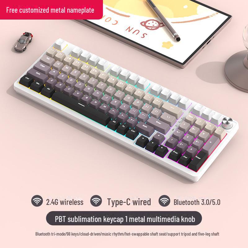 

98-клавишная беспроводная игровая механическая клавиатура Bluetooth Tri-Mode с настраиваемыми переключателями (Синий, Черный, Чайный, Красный) и конструкция с возможностью горячей замены.