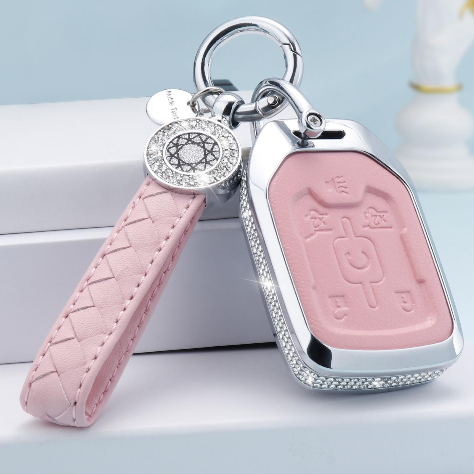 for GMC Key Fob Cover with Keychain, Pink Leather Crystal Key Case Protection Shell Compatible with Chevy Chevrolet GMC Suburban
