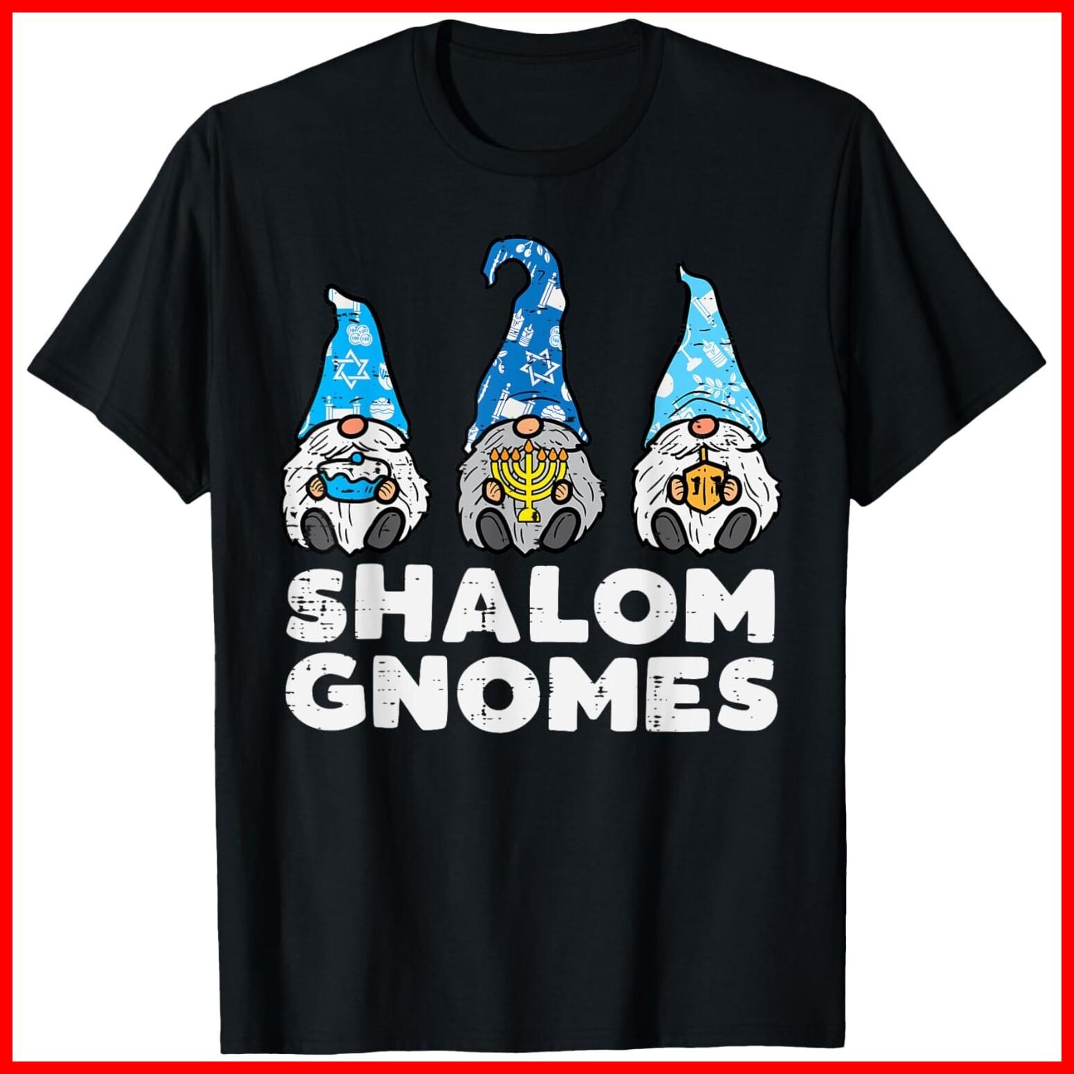 Shalom Gnomes Funny Jew Hanukkah Pajamas Chanukah PJs Black Cotton T-Shirt S-5XL S