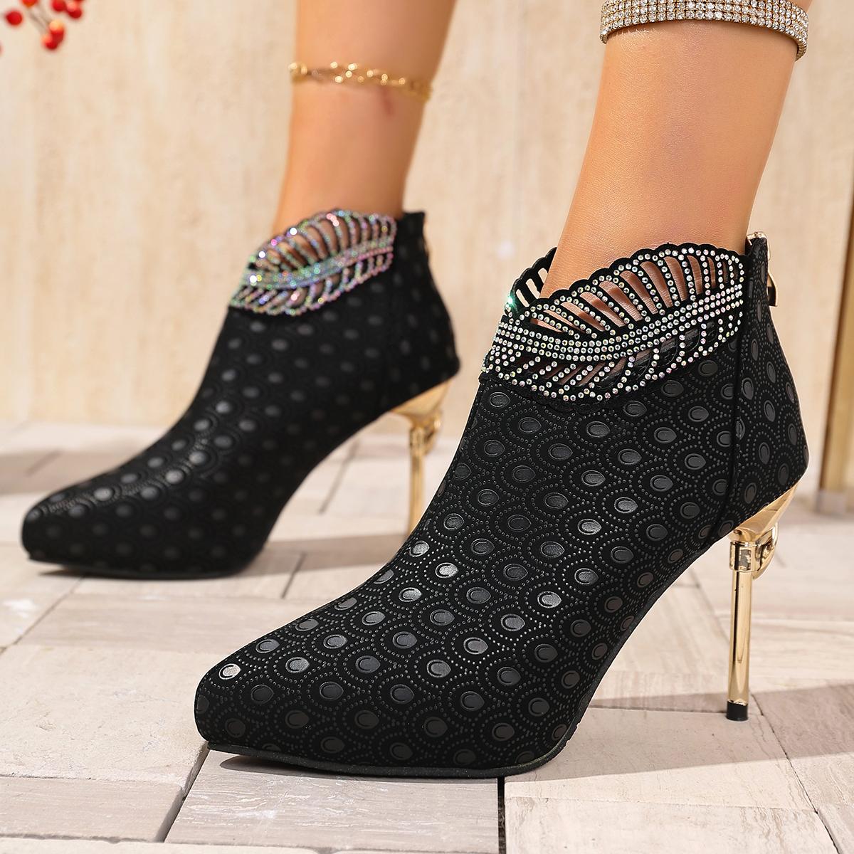 

Luxury Glitter Leaf Decoration Ankle Boots Women 2025 Autumn Sexy Pointed Toe Super High Heel Party Booties Rear Zip Boots 43 чёрный