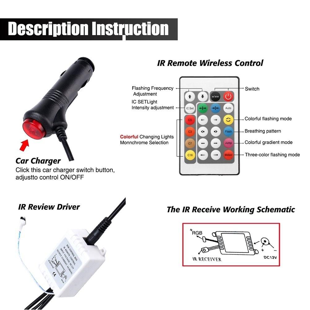 4Pcs 9LEDs Strip Light Wireless Remote/Voice Control Car RGB LED Neon Interior Lamp Decorative Lights