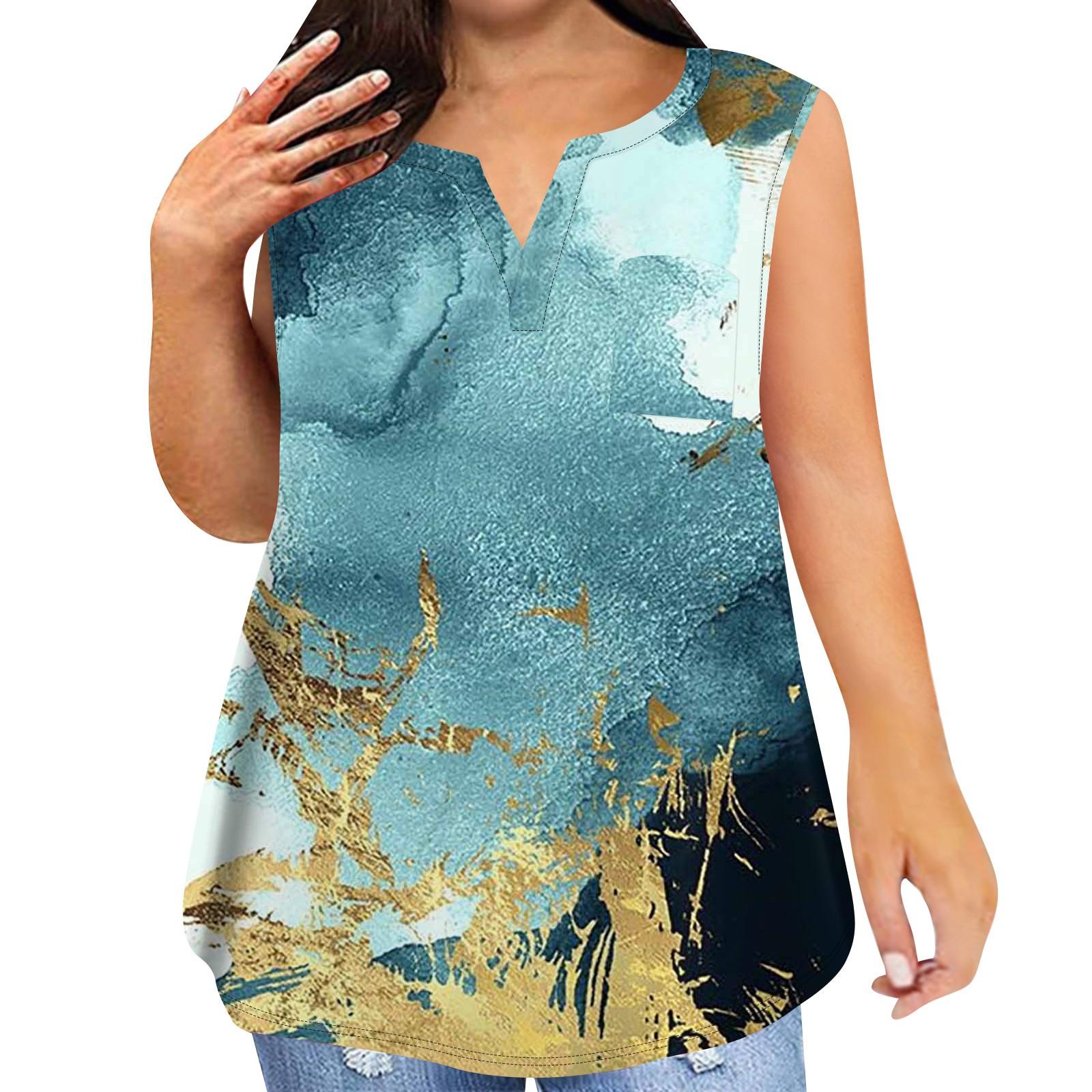 

Модная женская повседневная футболка без рукавов с v-образным вырезом и винтажным принтом больших размеров с карманами XL