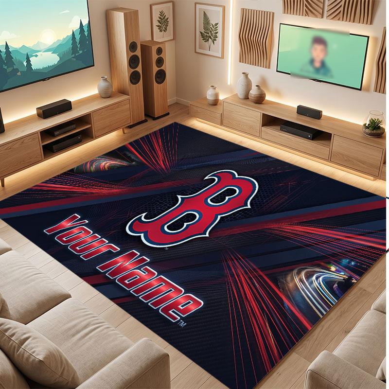 Boston Red Sox Personalized Crystal Velvet Carpet, Customized Name Text Soft Anti‑Slip Rug for Living Room Bedroom