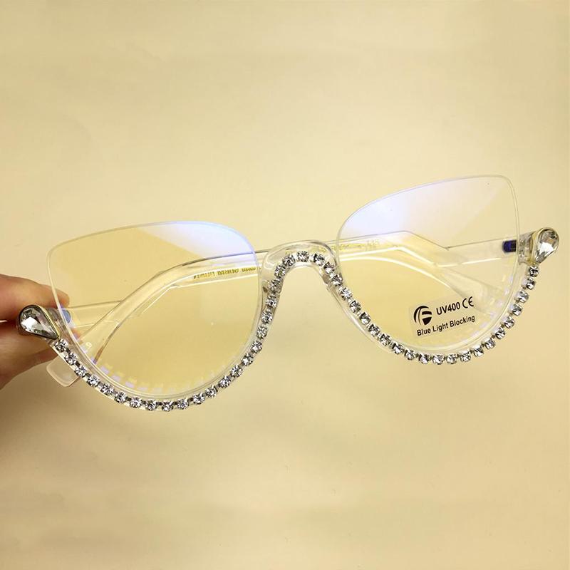 Luxury Rhinestone Cat Eye Reading Glasses Ladies Fashion Computer Filter Blue Light Blocking Glasses Half Frame Eyeglasses