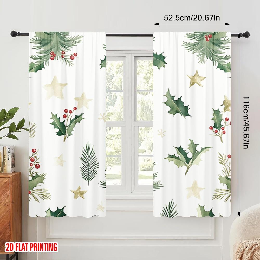 2 Stück, 2D-Flachdruckmuster Vorhänge Weihnachtsbaum Stechpalmenbeeren Schleifen (2) 100% Polyester (ohne Stange) Perfekt für alle Jahreszeiten