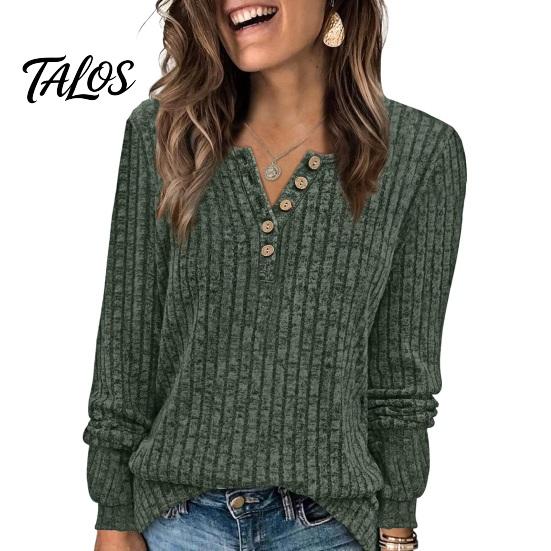 Damen Langarm Tops Geripptes Top, Lockere Freizeitbluse mit Knopf, Einfarbiger Pullover Rundhals-T-Shirt für Frühling Herbst Knopf