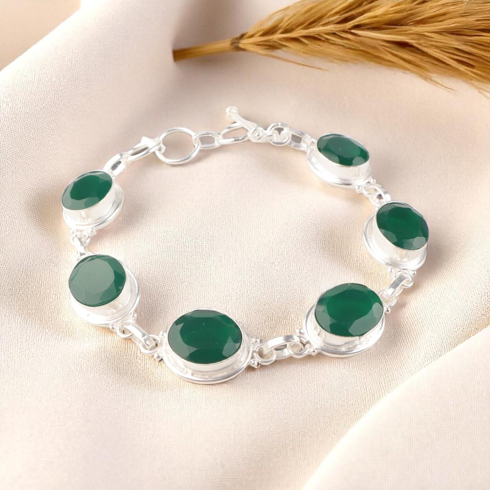 

Зеленый Оникс Драгоценный Камень 925 Стерлинговое Серебро Ювелирные Изделия Ручной Работы Браслет 8.5 Для Подарка RB-3-2