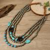 African Jewelry Bohemian Retro Ethnic Multi-layer Wooden Beads Imitation Turquoise Beaded Necklace Women's Party Accessories