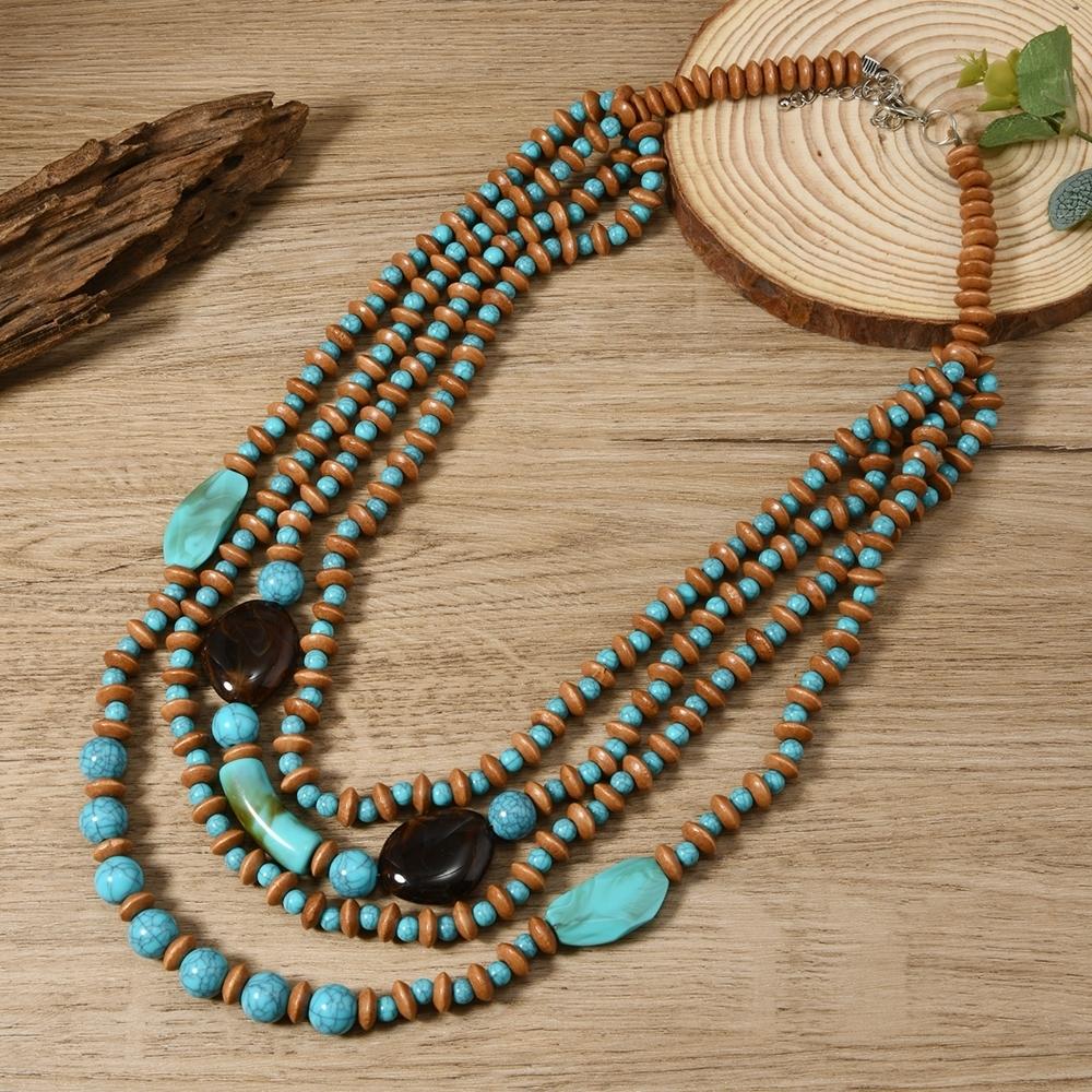 African Jewelry Bohemian Retro Ethnic Multi-layer Wooden Beads Imitation Turquoise Beaded Necklace Women's Party Accessories