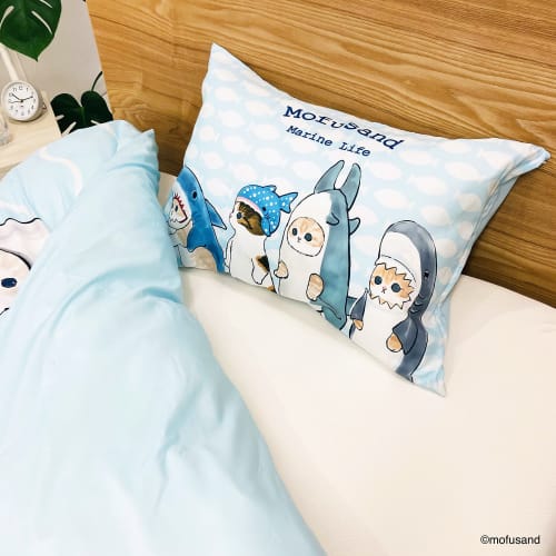 MORIPiLO Mofusand Shark Cat Duvet Cover Set (Duvet Cover and Pillowcases) Soft Peach Skin Single Size 150x210cm Blue Cute Bedding Set 2-Piece Set Char