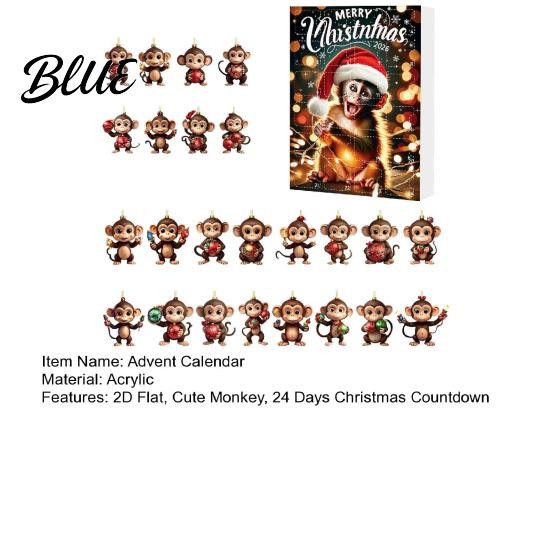 Cartoon Monkey Decor Christmas Advent Calendar 24 Days Countdown Calendar with 2D Acrylic Tree Decoration Ornament Funny Animal Xmas Hanging