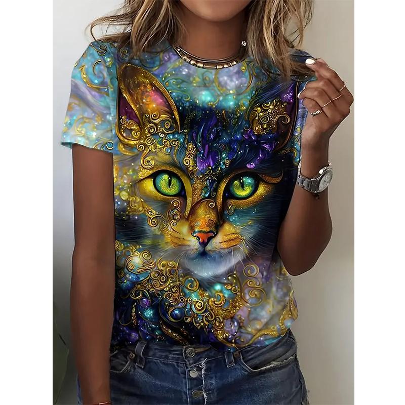 Street Hip Hop T-shirt Women's Cartoon Cat 3D Printed Pattern Short Sleeve T-shirt