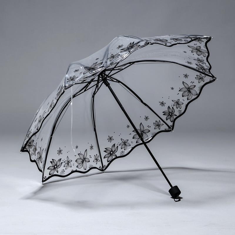

White Clear Automatic Umbrella Thick Plastic Folding Umbrella for Women Rain and Sun Three Fold automatic чёрный