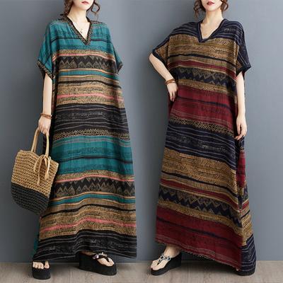 Plus Size Cotton Linen Maxi Dress for Women Loose V-Neck Short Sleeve