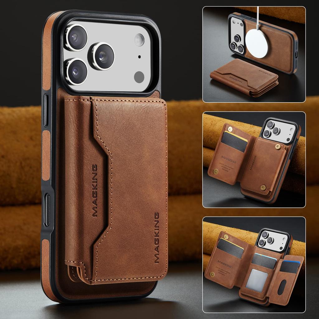 Magnetic Attraction Leather Case for iPhone 17 Pro Max 16E Air 16 15 Plus 14 Pro 13 12 Detachable Card Bag Holder Phone Cover