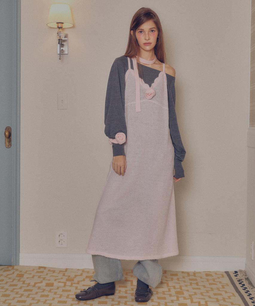 MELLY&ROSE Corsage Wave Knit Dress Scarf Set(310257)_L/Pink