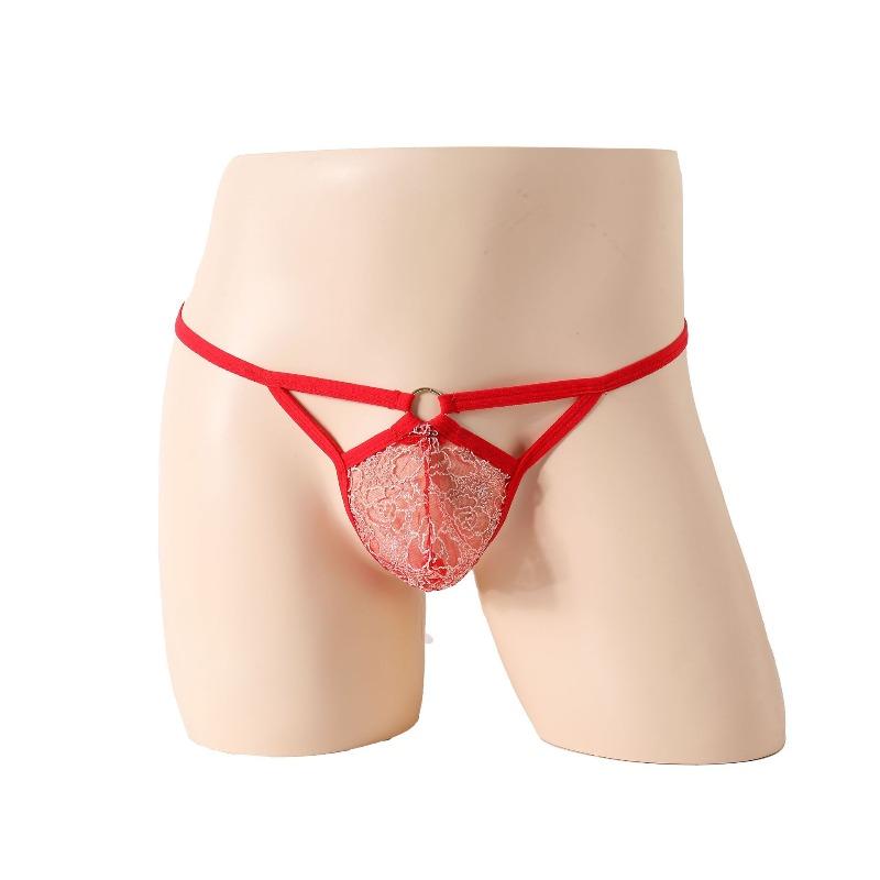 Sissy Lingerie Men'S Floral Lace See Through T-Back Thong Low Waist G-String Cut Out Mini Pouch Panties Crossdressing Underwear