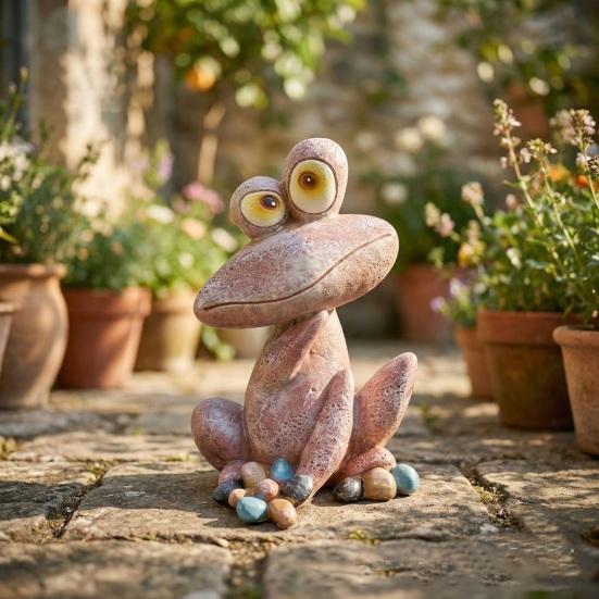 Garden Frog Statue, Cartoon Frog Figurine, Waterproof Resin Animal Sculpture for Yard Patio Lawn Decor
