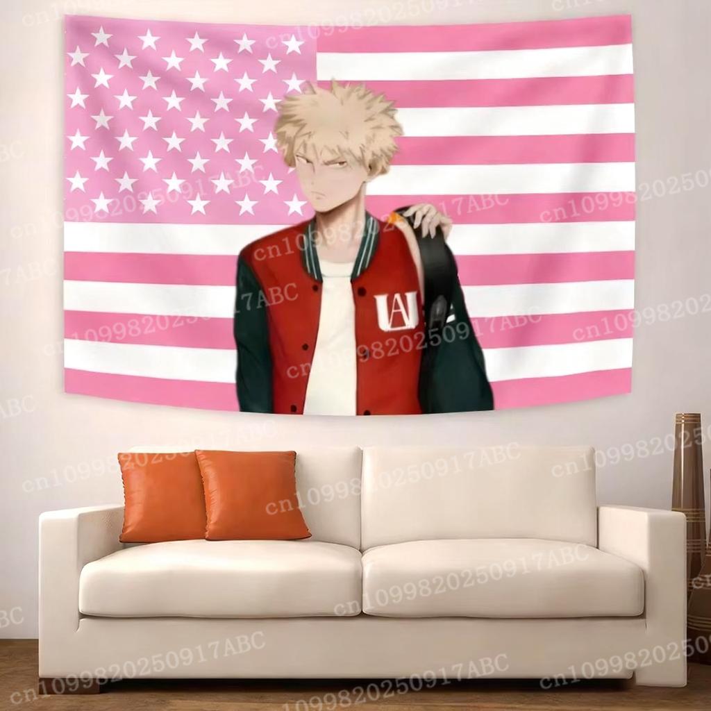 Katsuki Bakugo Tapestry  Pink US Flag Anime Wall Hanging Ideal for My Hero Academia Fans  Otaku Bedroom Decor