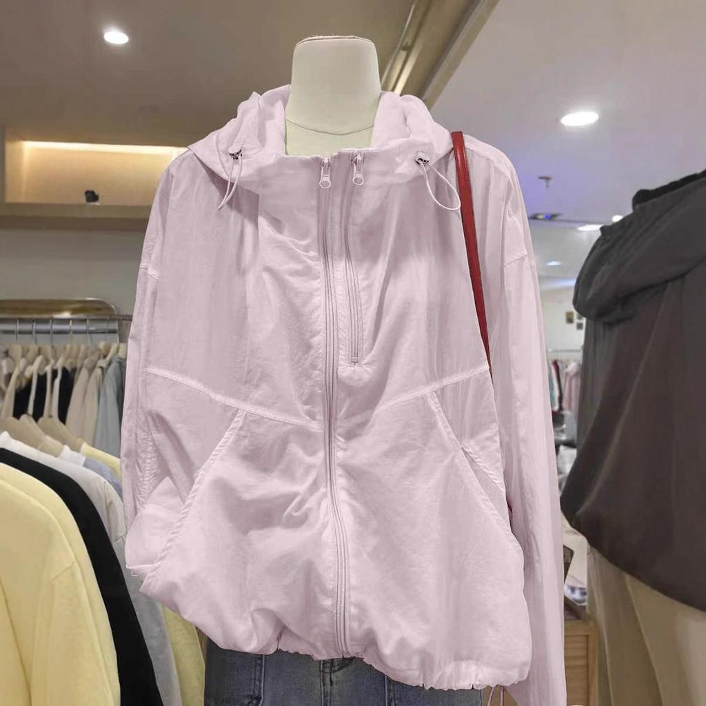 Lös Casual Sommar Ytterplagg Topp Lätt Solskydd Dubbel Dragkedja Polyesterfiber Lång Ärm Med Huvuva