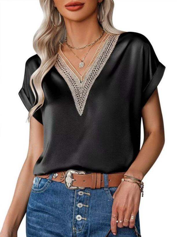 Elegant Lace Patchwork Satin V-neck Women's T-shirt - Solid Color Fashion 2026