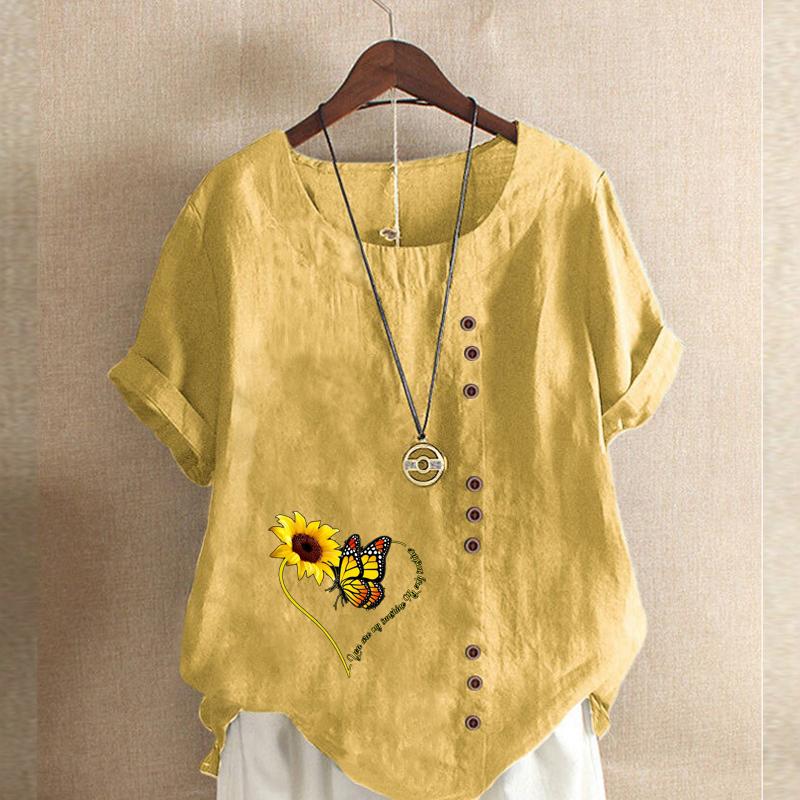 

Женская мода Подсолнух Бабочка Принт Футболка с коротким рукавом Свободная хлопковая рубашка Повседневная свободная летняя блузка Топы размера плюс 5XL жёлтый