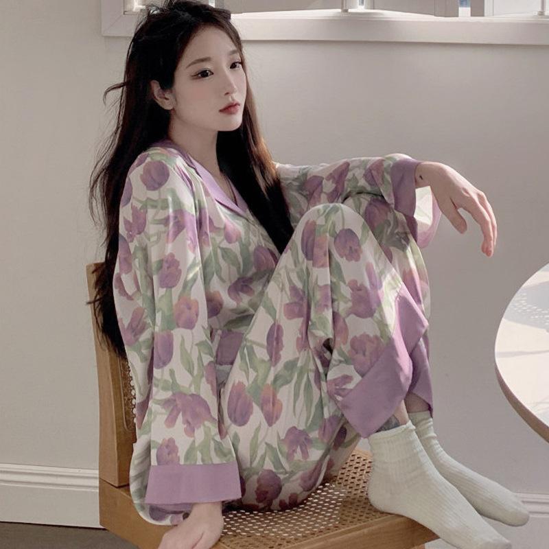 Women's Two-Piece Pajamas Spring and Autumn Summer Ice Silk Pajamas Ladies Tulip Long-Sleeved Trousers Cardigan Homewear Set