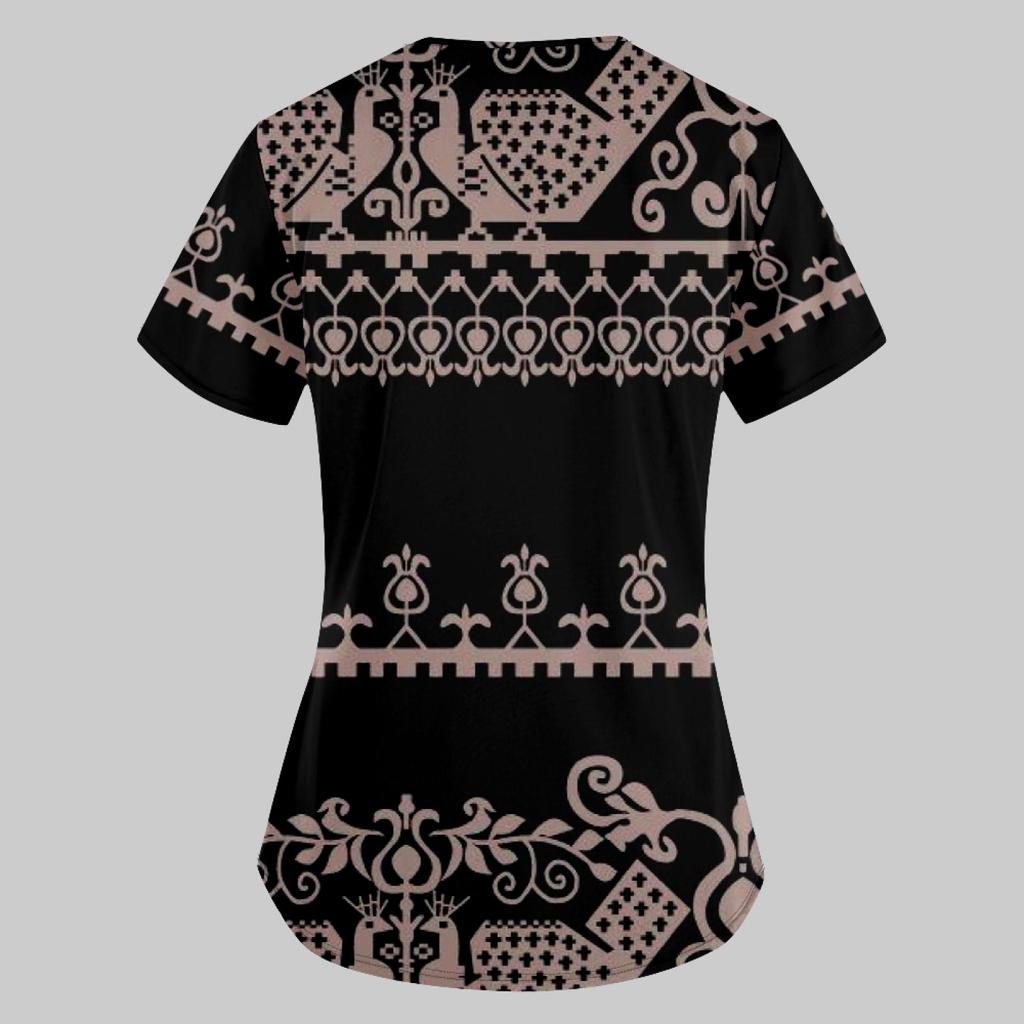 Women's Fashion Printed Work Uniform With Pocket T-Shirt Short Sleeve Top