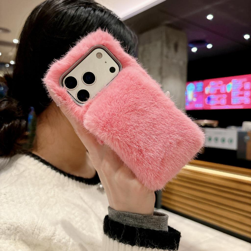 For iPhone 17 Pro Solid Color Fluffy Phone Case Winter Warm Hand Strap TPU Cover