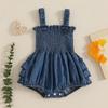 Sommer Neugeborenes Baby Mädchen Denim Strampler Kleidung Einfarbige Schleife Raffung Ärmellos Spielanzug Niedliche Overalls