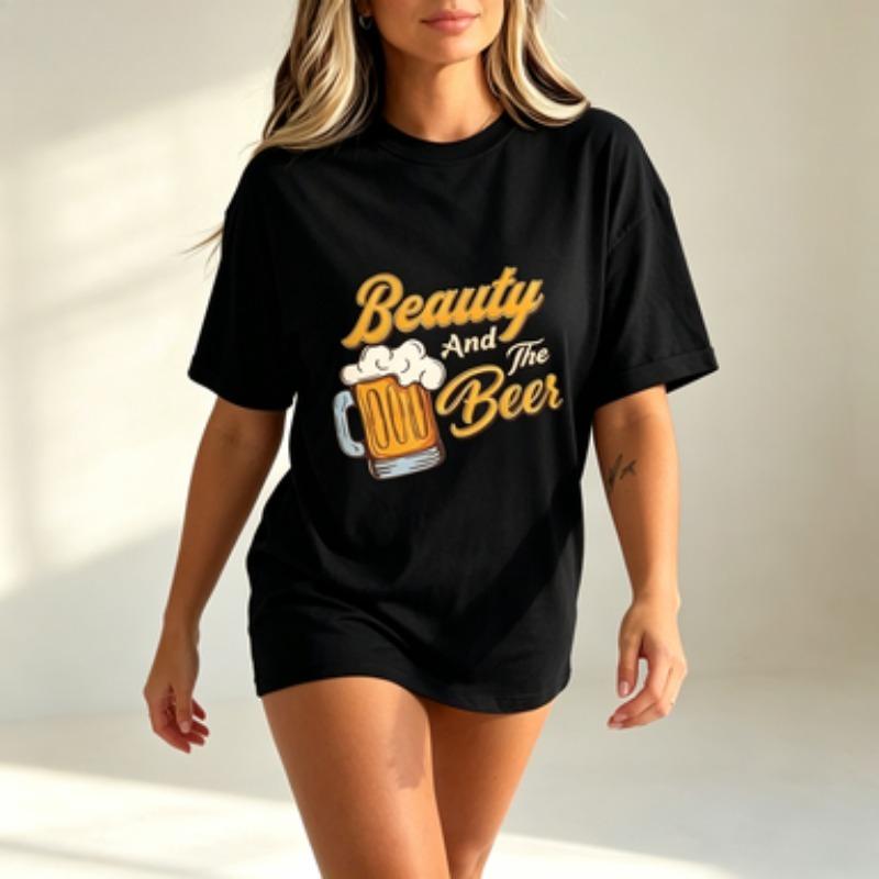 Women Modal  T-Shirt Beauty And The Beer Print Short Sleeve Round Neck Vintage Beer Lover Soft Casual Graphic Tee Black White S