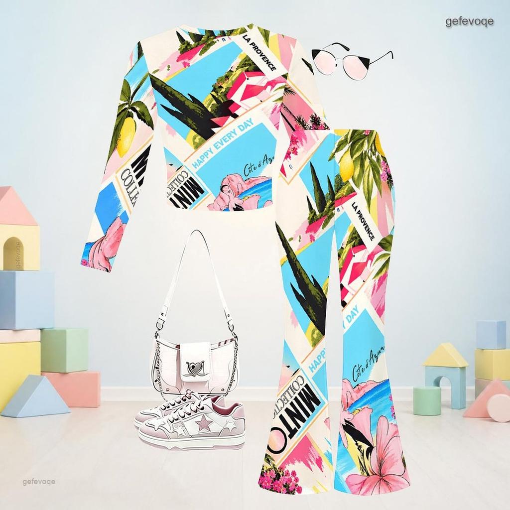 Girls Round Neck Long Sleeve Blue Pink Printed Flared Pants Two Piece Outfit