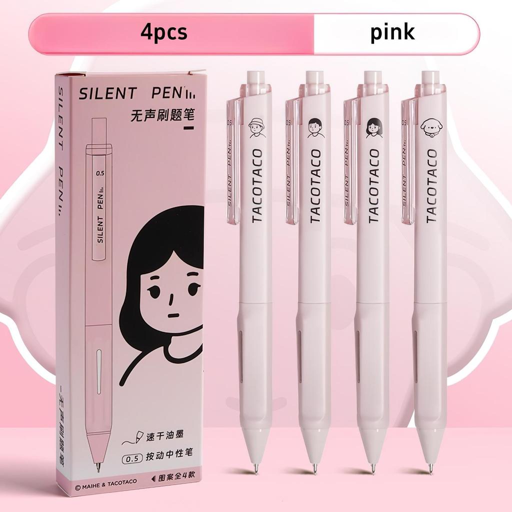 Set 4 buc Pixuri Silențioase Design Desene Animate TacoTaco 0.5mm Pix cu Gel Negru cu Uscare Rapidă pentru Scris Birou Școală