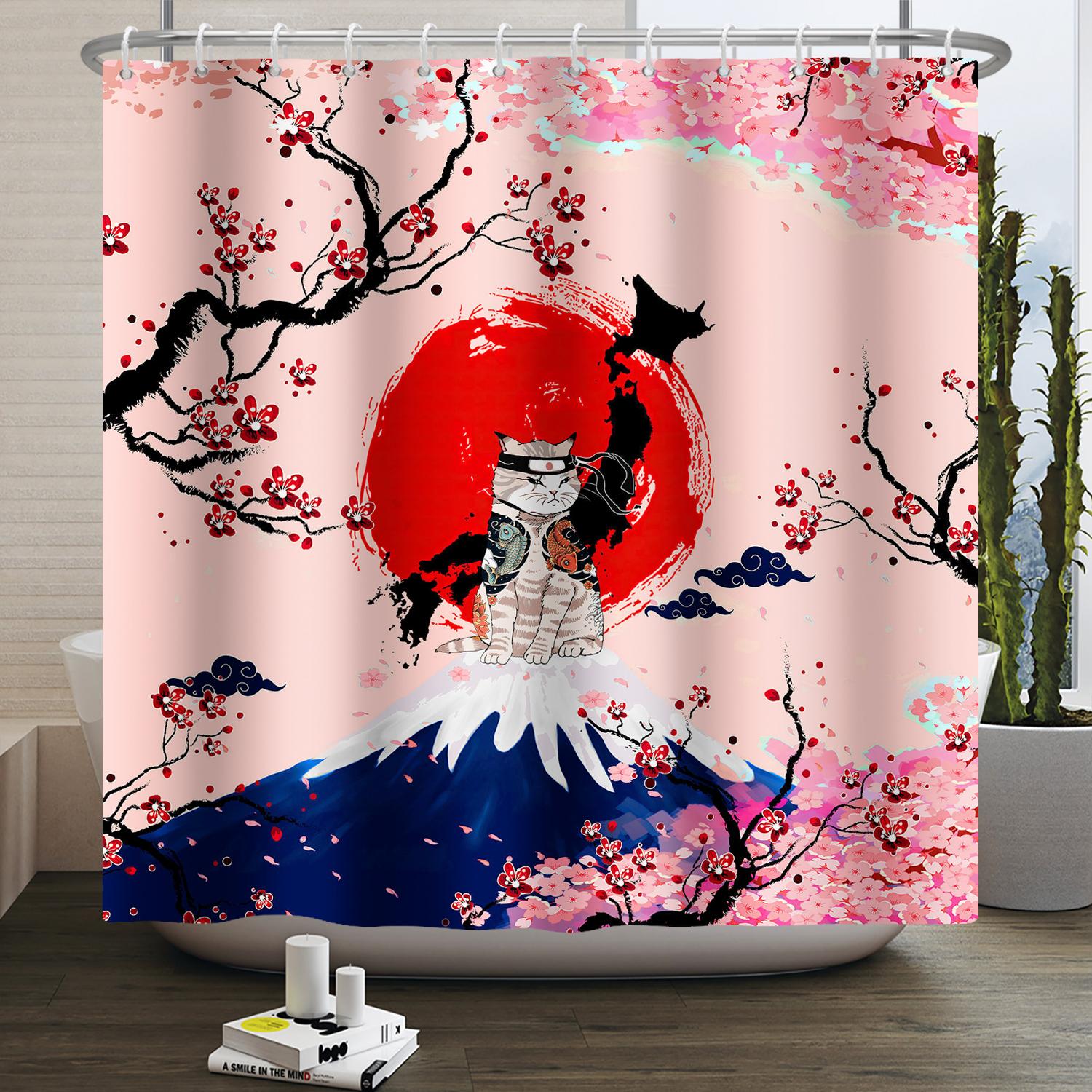 

Японская шторка для душа Укиё-э Великая волна Канагавы Гора Фудзи Вишня Водонепроницаемая шторка для душа для ванной ванны Декор W90xH180cm