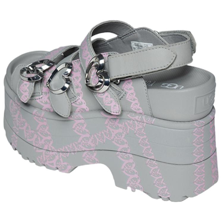 UGG Yueqi Qi X Leather Fashion Thick Sole Open Toe Shiny Gold Wedge Roman Sandals Women sandals Gray 1174810-GREY