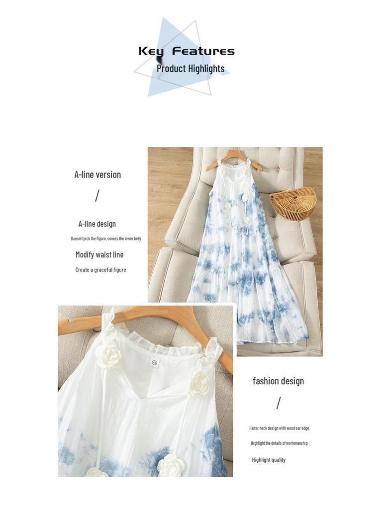 Yunnan Tie-dye Halter Neck V-neck 3D Flower Summer Dress with Wide Hem Skirt for Women