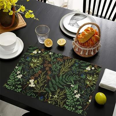 4/6/8pc Vintage Botanical Printed Linen Placemat Dining Table Mat Decoration for Cottagecore Kitchen & Rustic Home
