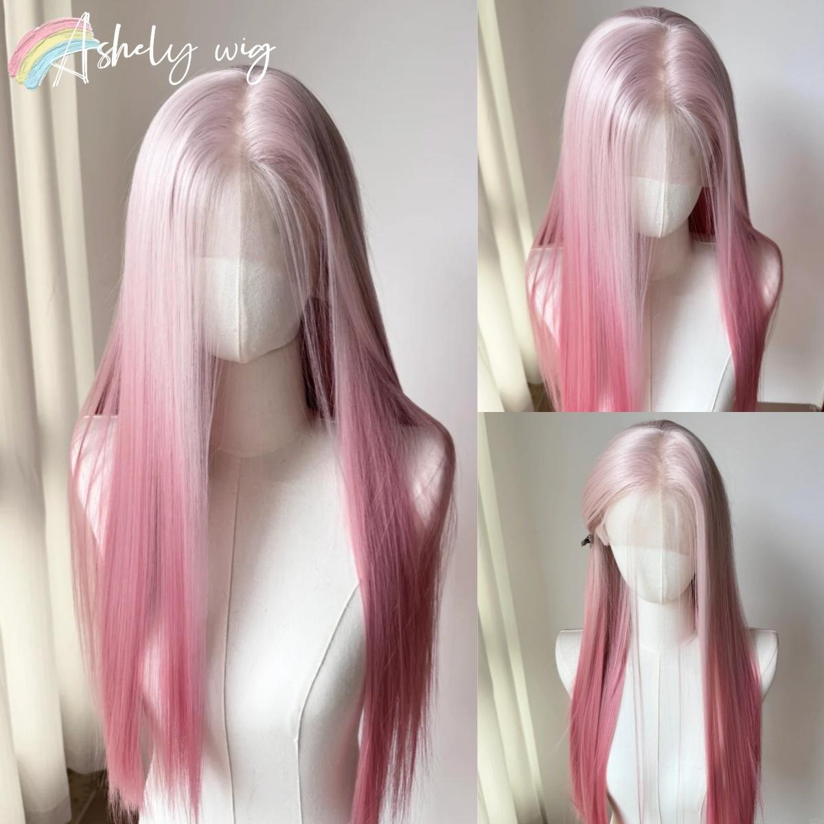

Ashely Ombre Pink Wig for Women Pink Lace Front Wig Rose Long 26inch Straight 13*4 HD Synthetic Lace Wigs for Cosplay Halloween (as the picture,26inches&150%&1pc)