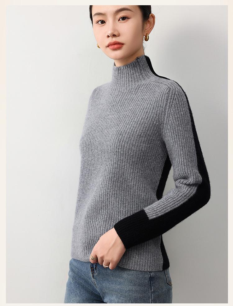 European & American Style Color Block Wool Pullover: Women's Slimming, Semi-High Neck, Autumn/Winter Fashion Knitted Sweater.
