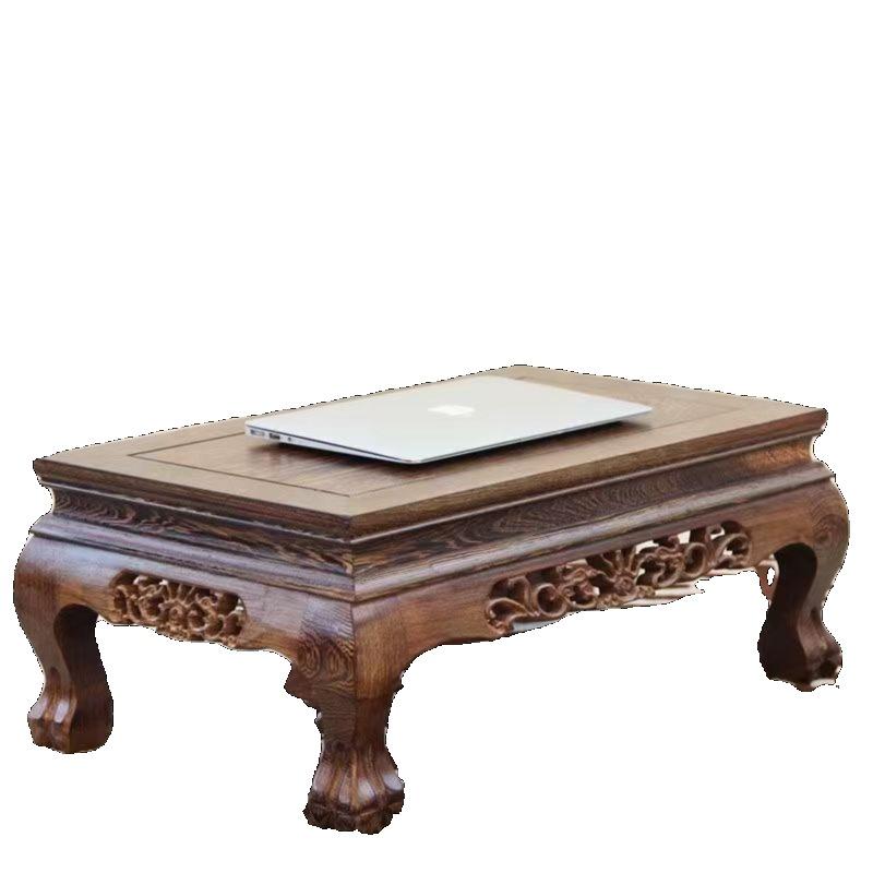 Solid Wood Coffee Table with Carved Legs, Wingset Wood Low Floor Desk for Tatami, Traditional Asian Style Window Sill Side Table