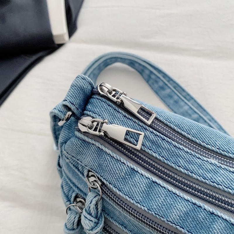 Dżinsowa torba z haftowanym napisem, wielokieszeniowa torba crossbody