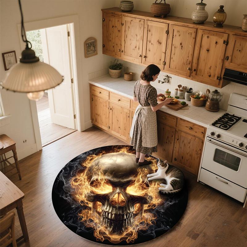Fire and Smoke Skull  Round Area Rug,Carpet Rug for Living Room Bedroom Sofa Playroom Decor,Non-slip Floor Mat