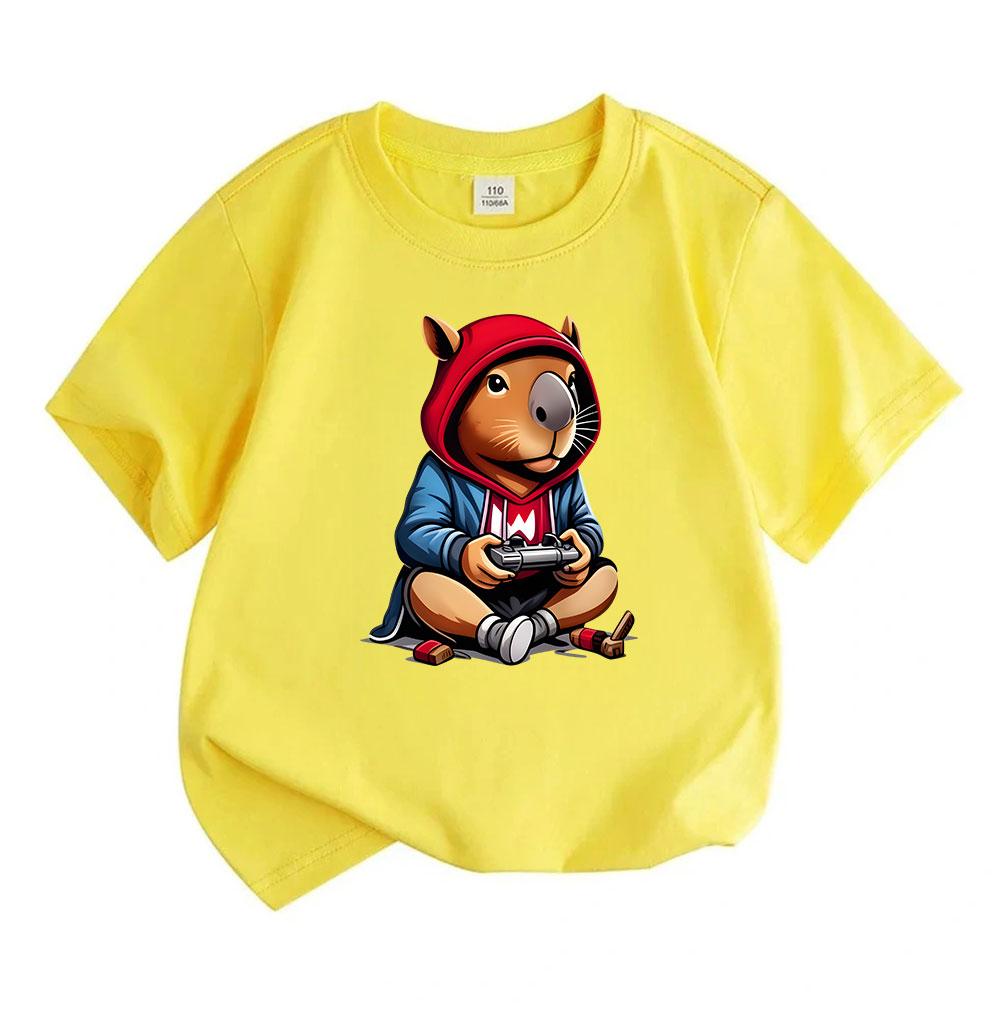 Kids Boys Girls 100% Cotton Crew Neck Short Sleeve T-Shirt, Funny Capybara Gamer Pattern Casual Soft Breathable Tee For Game Lovers Children Daily Wea