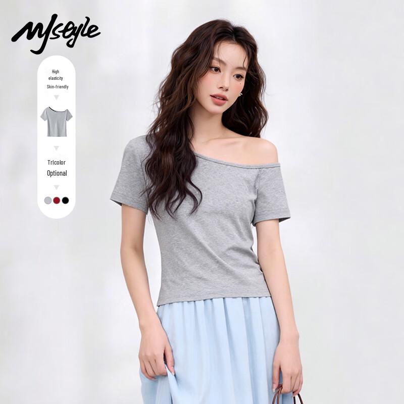 MJ STYLE Women s Oblique Shoulder Short Sleeve T-Shirt L