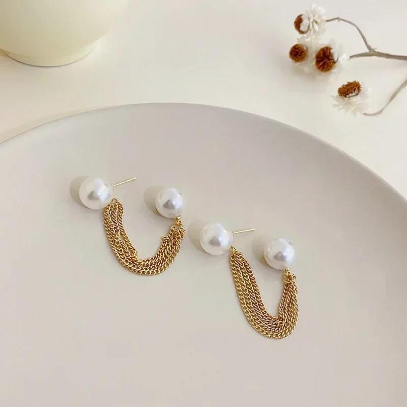 925 Silver Needle Pearl Metal Multi-layer Chain Earrings Korean Design Simple Lady Fan Earrings Fashion Earrings